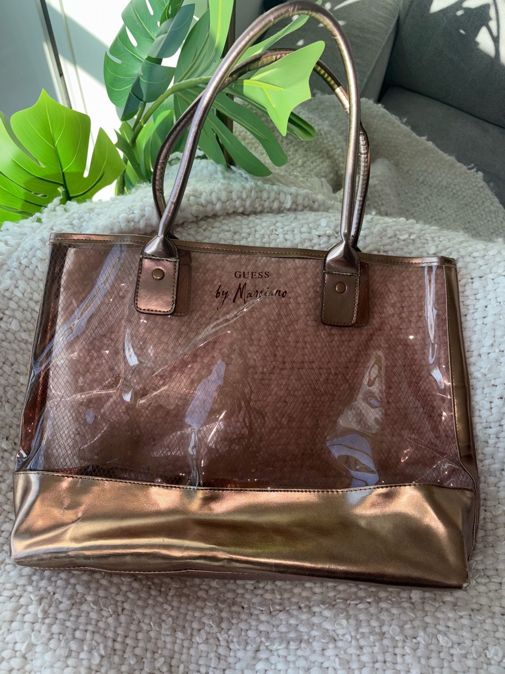 Vintage Y2K GUESS by Marciano Bronze Metallic Clear PVC Sheer Tote Shoulder Bag